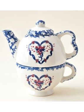 Nantucket Country Hearts Stacking Tea Pot & Cup 16oz Tea for One Vintage Ceramic